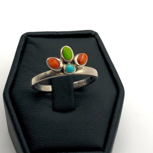 VTG Sterling Turquoise & Coral Stone Stacker Ring Sz 7.75 - Picture 5 of 9